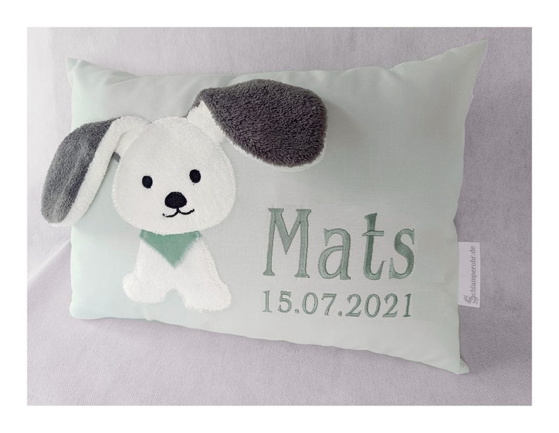 Kissen mit Hund /Namenskissen-Hund/grau/schilfgrün /kissen mit Namen/Babykissen/Kinderkissen /Geschenk Geburt Junge Bild 4