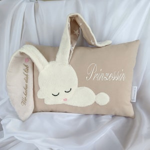 Namenskissen beige mit Hase/ besticktes Kissen als Geschenk zur Geburt/Taufgeschenk/Taufkissen Geburtskissen mit Datum Größe und Gewicht Bild 5