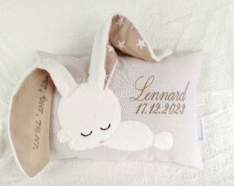 Birth pillow with date size and weight / beige baby / pillow beige-cream white with name and bunny/cream-colored