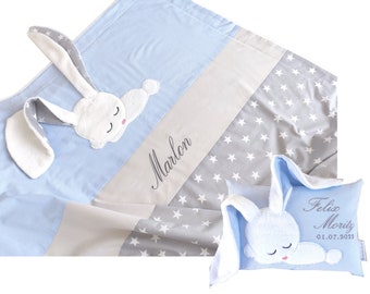 Babydecke 80/100cm und Kissen mit Namen und Hasen/Babygeschenke Geburt/Set mit Geburtsdaten /Geschenk Geburt Baby /Taufgeschenk Junge