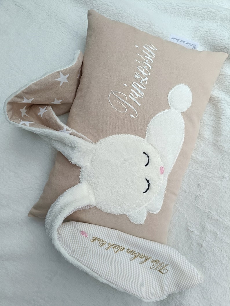 Namenskissen beige mit Hase/ besticktes Kissen als Geschenk zur Geburt/Taufgeschenk/Taufkissen Geburtskissen mit Datum Größe und Gewicht Bild 4