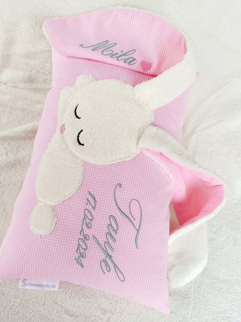 Taufkissen/Kissen zur Taufe/Namenskissen für Mädchen rosa mit Hase/ besticktes Kissen als Geschenk zur Geburt/Taufgeschenk/ Kissen mit Namen Bild 1