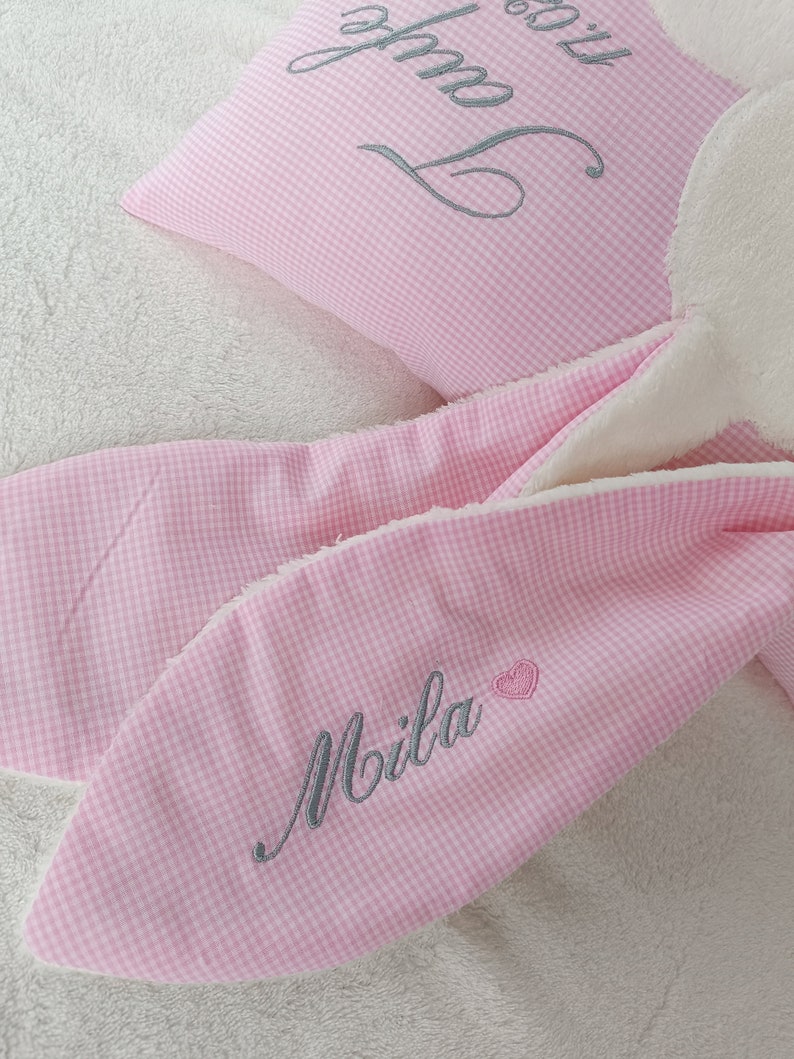 Taufkissen/Kissen zur Taufe/Namenskissen für Mädchen rosa mit Hase/ besticktes Kissen als Geschenk zur Geburt/Taufgeschenk/ Kissen mit Namen Bild 2