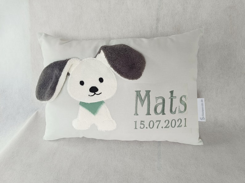 Kissen mit Hund /Namenskissen-Hund/grau/schilfgrün /kissen mit Namen/Babykissen/Kinderkissen /Geschenk Geburt Junge Bild 3