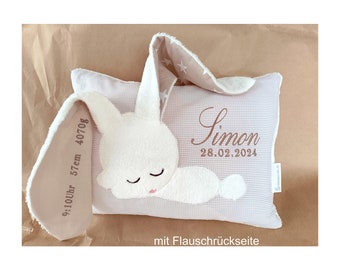 Geburtskissen mit Datum Größe und Gewicht / Flauschrückseite/Hase/Beige Creme/ Namenskissen/Babykissen mit Namen und Hase/Kissen mit Namen