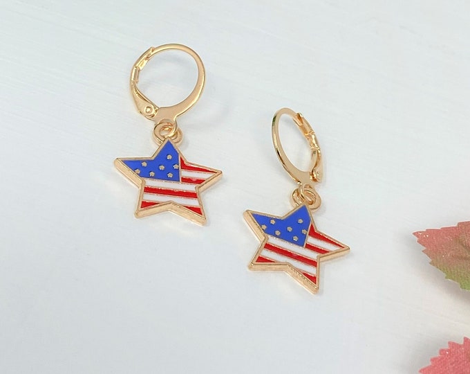 Star Earrings, 4th July Earrings, Flag Earrings, Enamel Earrings, American Flag Earrings, Independence Day Earrings, Patriotic Earring, Gift