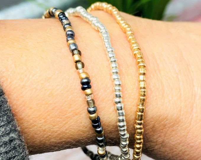 Beaded Bracelet Set, Gold Silver Earthy Tone Stackable Bracelets