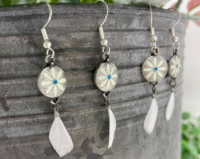 Feather Drop from a Flower Earrings