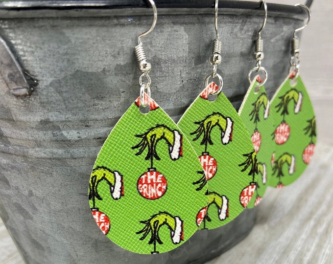Grinch Themed Teardrop Shaped Dangle Earrings | Christmas Earrings