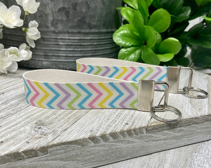 Pastel Chevron Faux Leather Wristlet Key Chain, Easter Gift