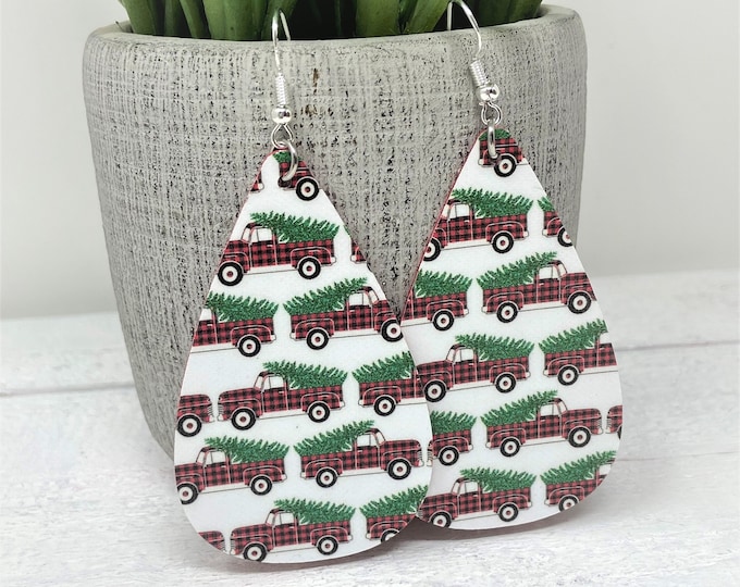 Little Red Christmas Truck Themed Teardrop Shaped Dangle Earrings