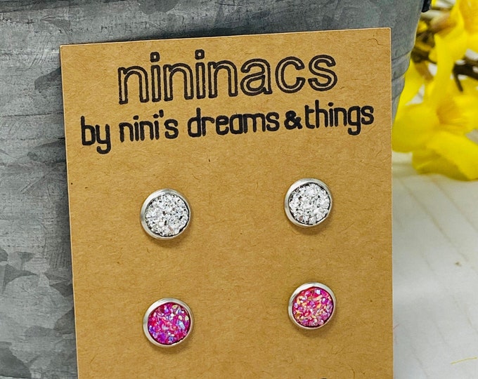 Mini Silver and Pink Druzy Earrings, Mini Druzys, Druzy Stud Earrings, Druzy Metallics, Gifts for Her, Cabochons Earrings, Studs