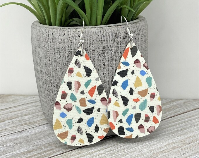 Terrazzo Print Themed Teardrop Shaped Dangle Earrings | Mosaic Print