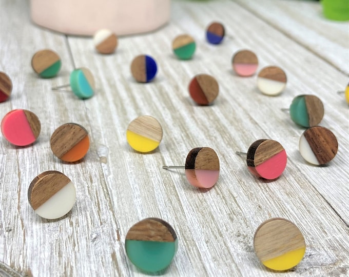 Round Earthy Wood & Resin Earrings | Multiple Colors