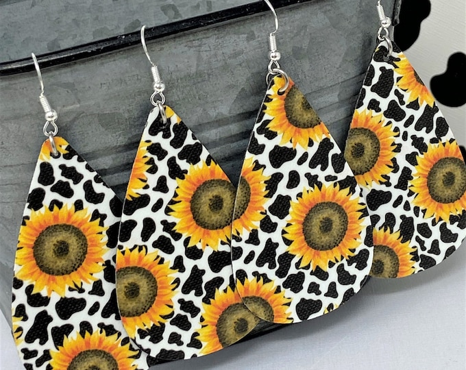 Sunflower & Cow Themed Teardrop Shaped Dangle Earrings