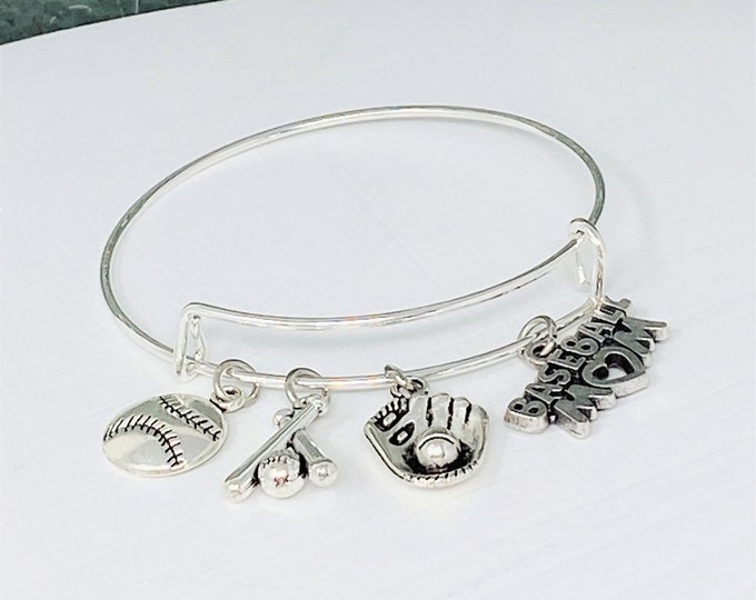Sports Charm Bangle Bracelet: Football, Baseball, Soccer, Softball