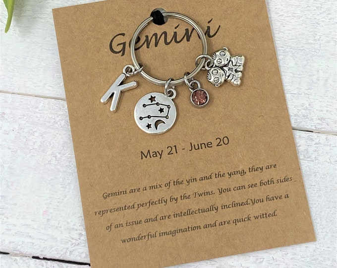 Zodiac Constellation Keychain, Initial and Birthstone, Personalized Gift