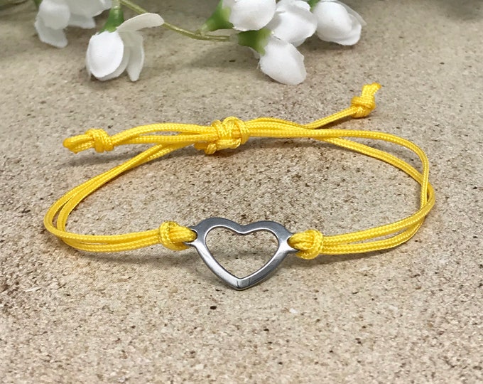 Heart Cord Bracelet, Silver Charm, Adjustable Friendship Bracelet