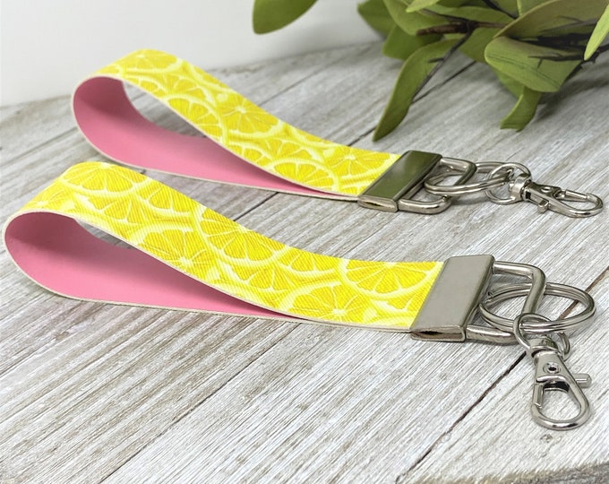 Lemon Print Faux Leather Wristlet Key Fob