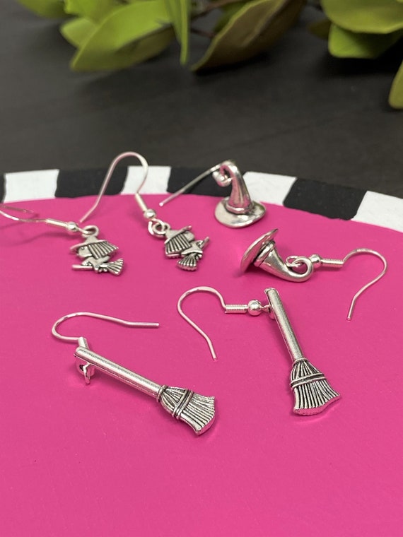 Halloween Earrings, Broomstick Earrings, Witch Hat Earrings, Witch on Broom Earrings, Halloween Jewelry, Trick or Treat Earrings, Gift