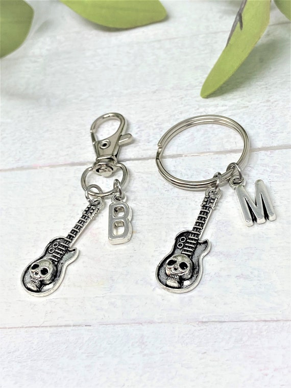 Skull Guitar Keychain, Men's Personalized Key Chain, Guitar Zipper Pull, Custom Keychains, Add Initials, Personalized Gift, Men's Gift, Gift