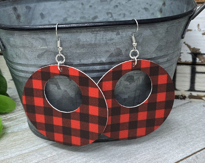 Red-Black Buffalo Plaid Dangle Earrings | Two Shapes to Choose From | Christmas Earrings