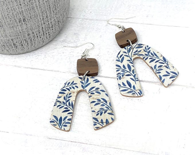 Cork Wood Earrings with Leather Backs | Choose from Pink Polka Dot and Blue Cornflower