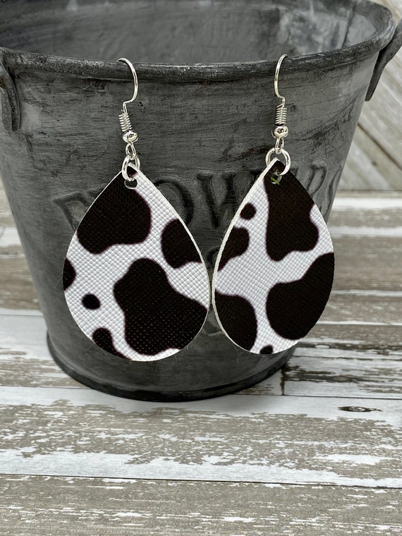 Black & White Cow Print Teardrop Shaped Dangle Earrings