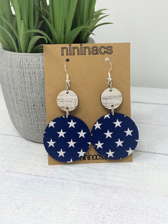 Starry Night Earrings, Star Dangle Earrings, Round Wood Earrings, Patriotic Earrings, Gift for Her, Gift for You, Christmas Gift