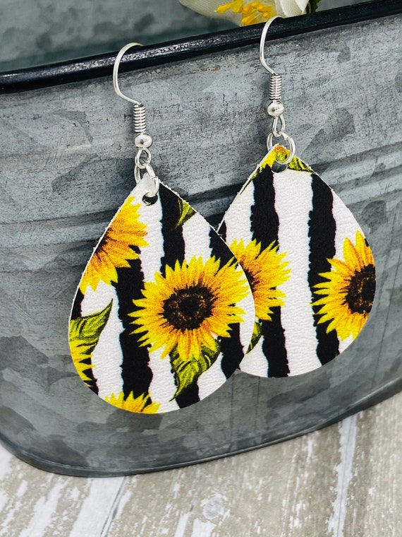Sunflower Themed Teardrop Shaped Dangle Earrings