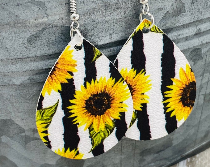 Sunflower Themed Teardrop Shaped Dangle Earrings
