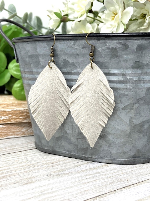 Hand Cut Fringe Feathered Leaf Shaped Dangle Earrings | Choose from Multiple Colors