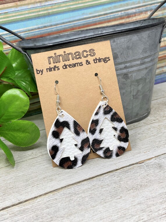 Layered Leopard Print Christmas Themed Teardrop Shaped Dangle Earrings | Christmas Earrings