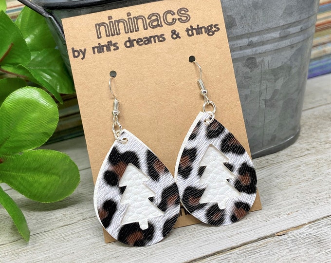 Leopard Print Christmas Tree Earrings: Sterling Silver Hooks