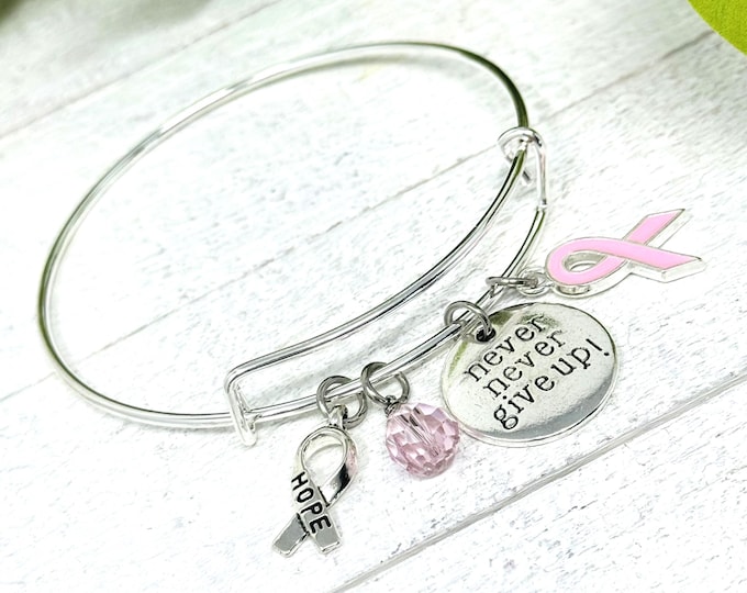 Breast Cancer Awareness Charm Bangle, Never Give Up Gift