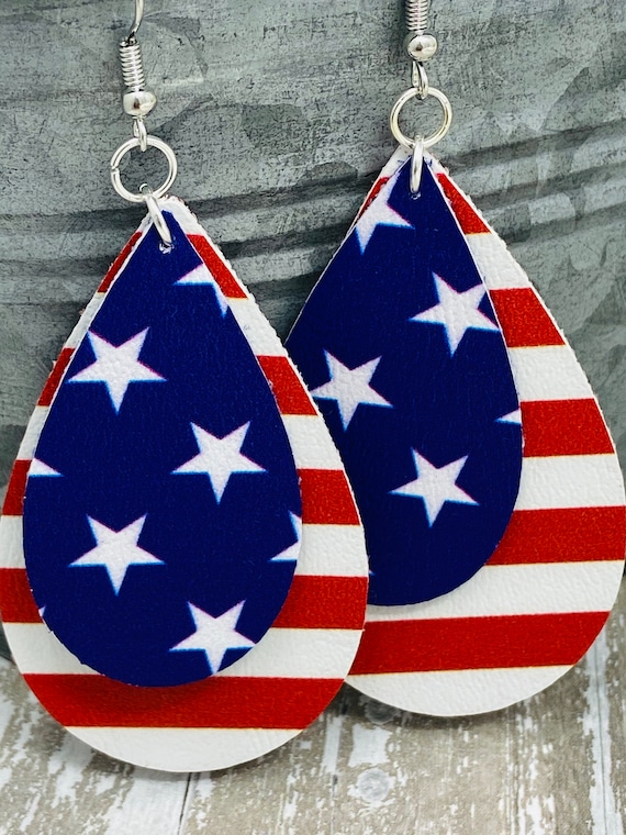 Layered US Flag Themed Teardrop Shaped Dangle Earrings | Patriotic Earrings