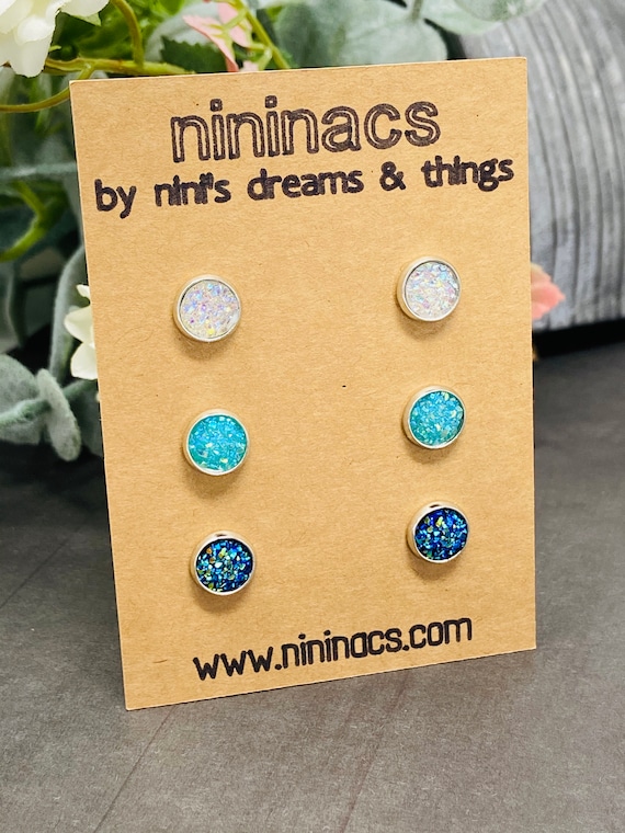 Mini Earring Sets, Druzy Earrings, Set of 3, Choose from Blush, Popsicle Paradise, Beach Waves or Metallic Set, Druzy Stud Earrings, Gift