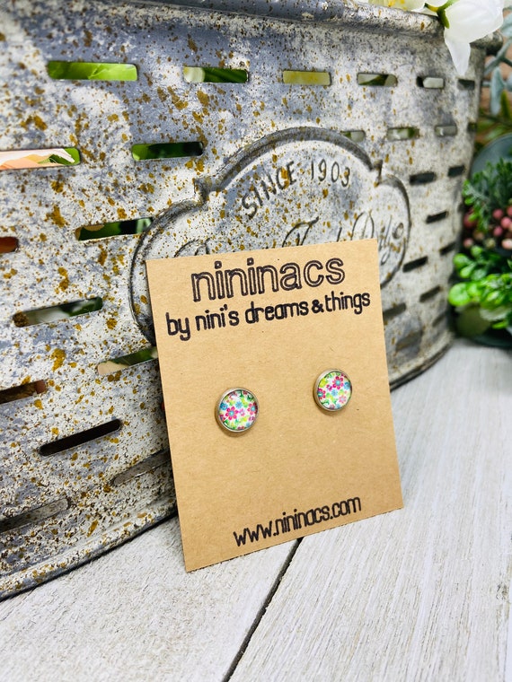 Floral Print Earrings, Floral Studs, Glass Cabochons, Glass Studs, Colorful Studs, Cabochon Earrings, Druzy Earrings, Flower Earrings, Gift
