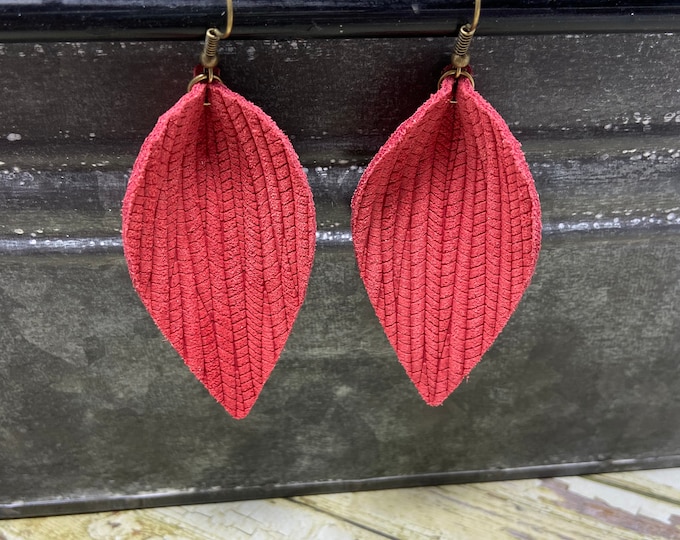 Red Colored Pinched Petal Shaped Dangle Earrings | Genuine Leather Earrings