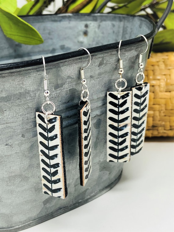 Bar Earrings, Rectangle Earrings, Wheat Print, Distressed Cork Earrings with Genuine Leather Backing, Cork Earrings, Christmas Gift, Gift