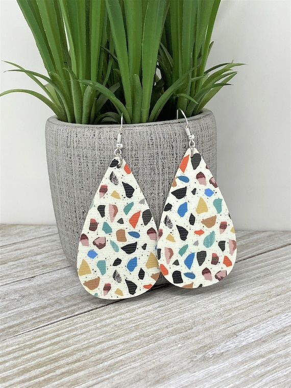 Terrazzo Print Themed Teardrop Shaped Dangle Earrings | Mosaic Print
