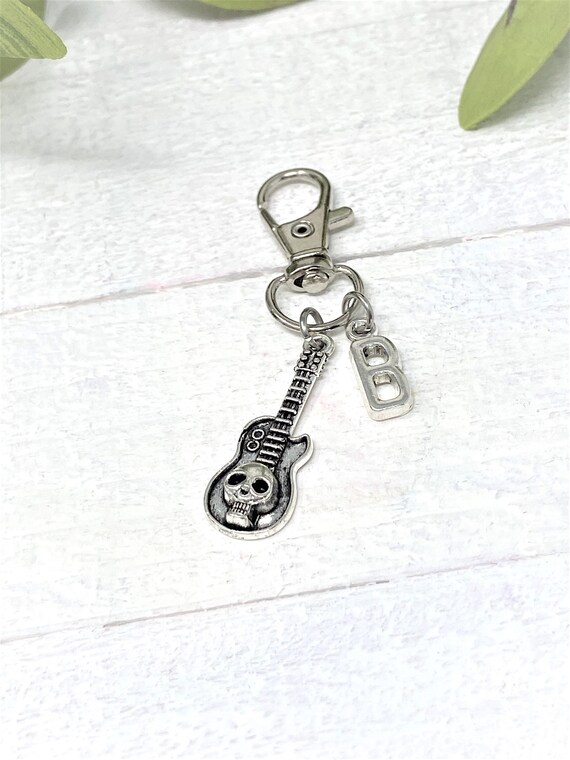Skull Guitar Personalized Keychain | Add Initial