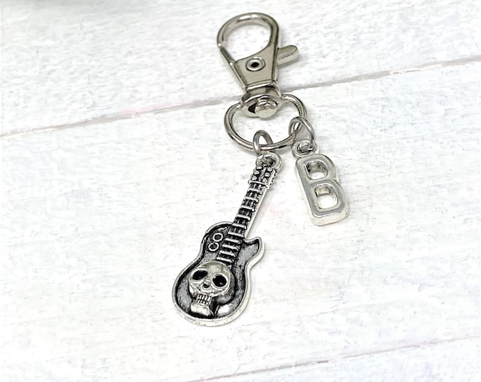 Skull Guitar Personalized Keychain | Add Initial