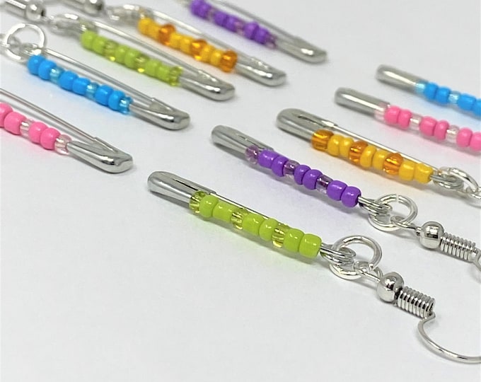 Beaded Safety Pin Earrings: Sterling Silver Hook, Colorful Beads