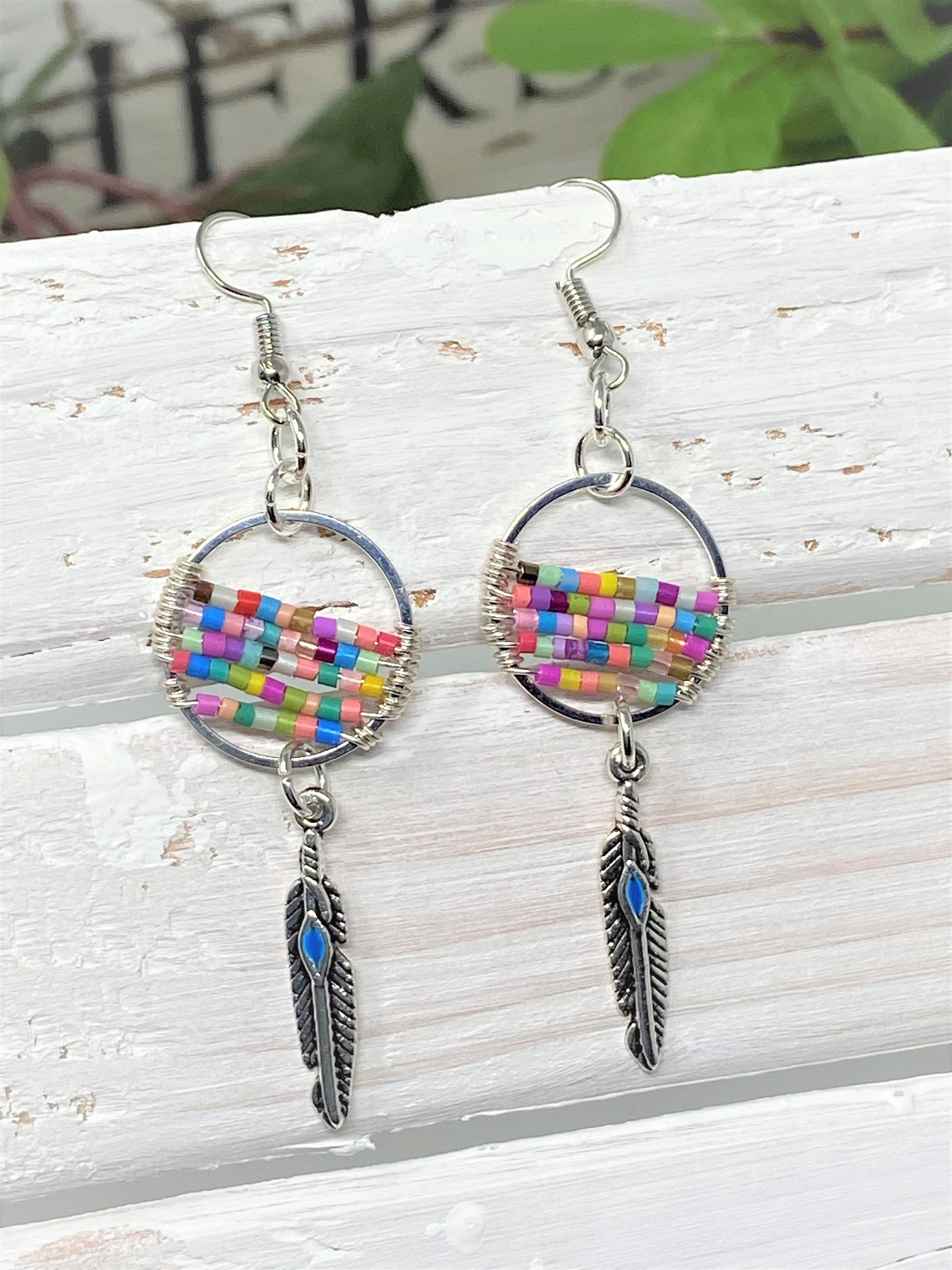 Beaded Hoops Dream Catcher Earrings Bead Wire Earrings Etsy