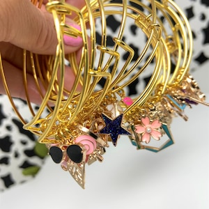 Bangle with Charms, Mystery Bangles, Bangle Set, Gold Charm Bangle Bracelet, 5 Charms per Bangle, Fun Bangle Stacks, Gift for Her, Gift