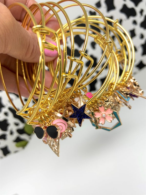 Bangle with Charms, Mystery Bangles, Bangle Set, Gold Charm Bangle Bracelet, 5 Charms per Bangle, Fun Bangle Stacks, Gift for Her, Gift