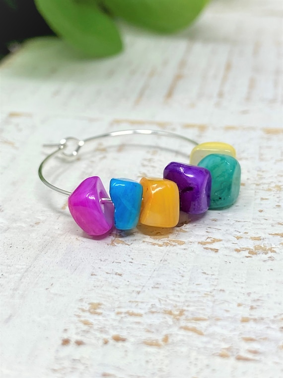 Gemstone Hoop Earrings, Bright Hoop Earrings, Bright Shell Rock Earrings, Statement Earrings, Multi Color Hoop Earrings, Dangle Hoop, Gift,
