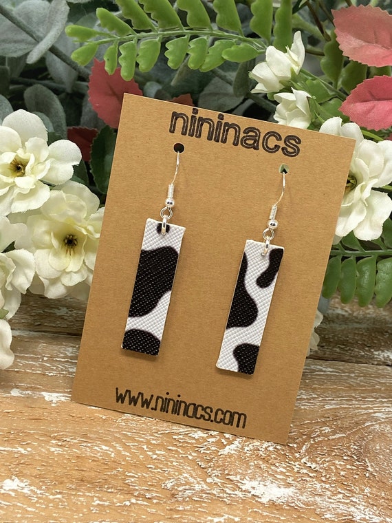 Black & White Cow Print Themed Rectangle Shaped Dangle Earrings