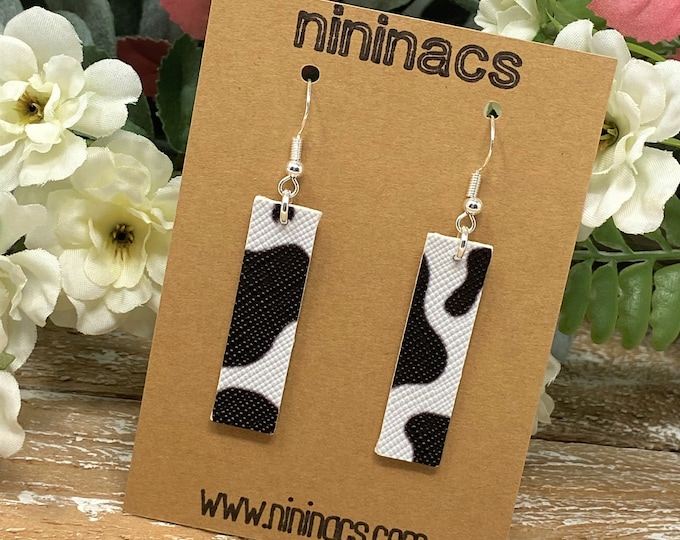 Black & White Cow Print Themed Rectangle Shaped Dangle Earrings